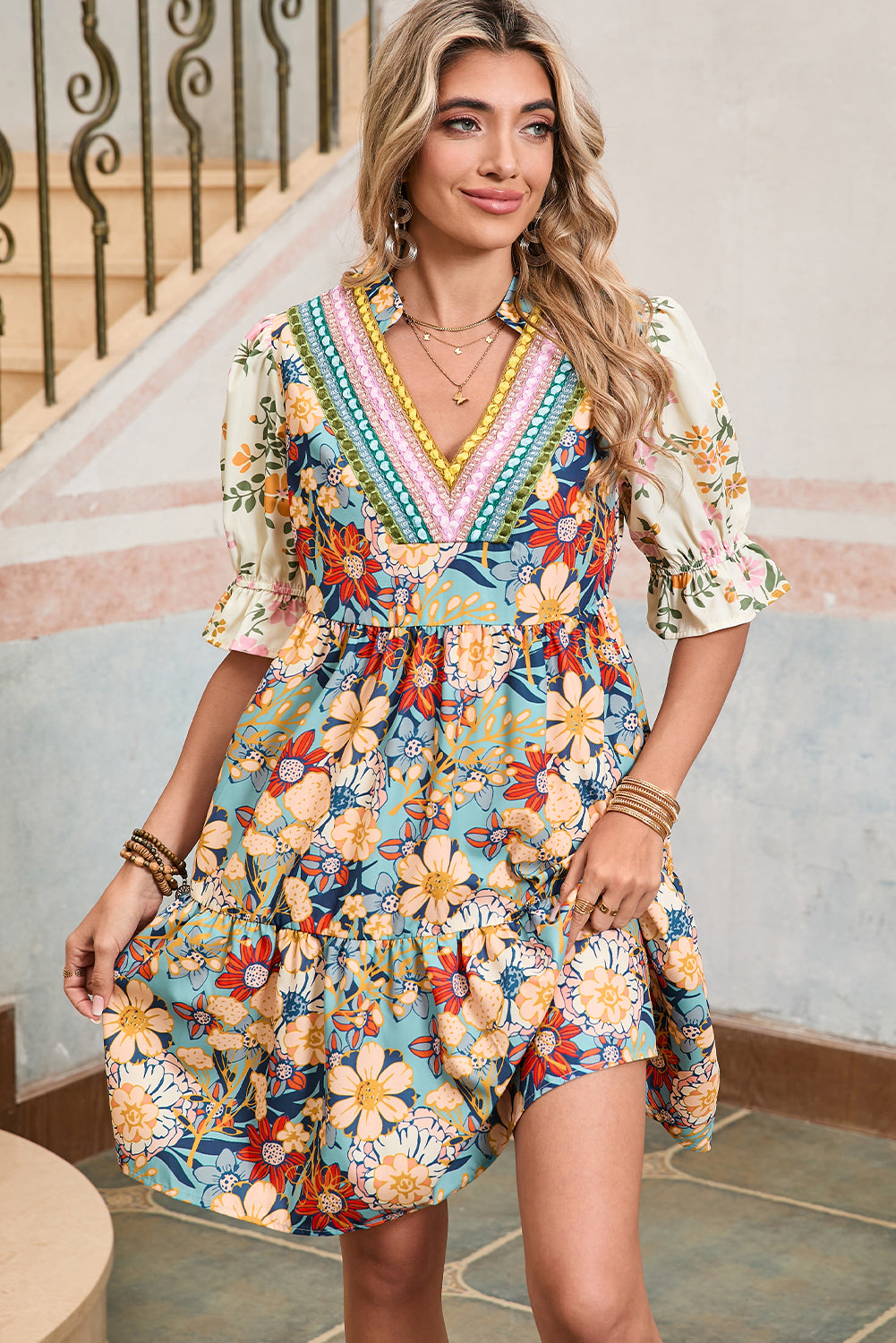 Multicolor Allover Floral Print Tiered Pop of Color Neckline Dress