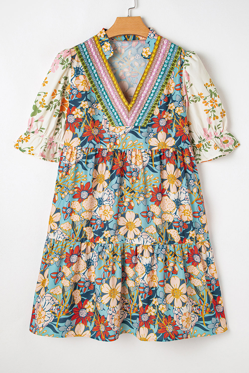 Multicolor Allover Floral Print Tiered Pop of Color Neckline Dress
