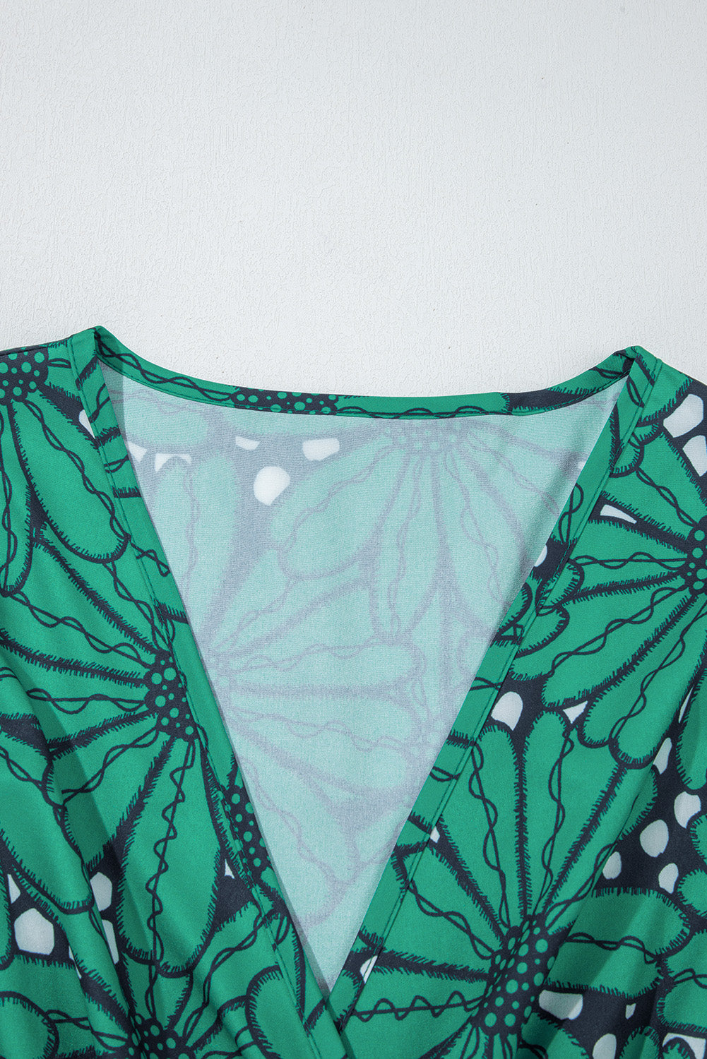 Dark Green Wrapped V Neck Floral Print Ruffle Sleeve Dress