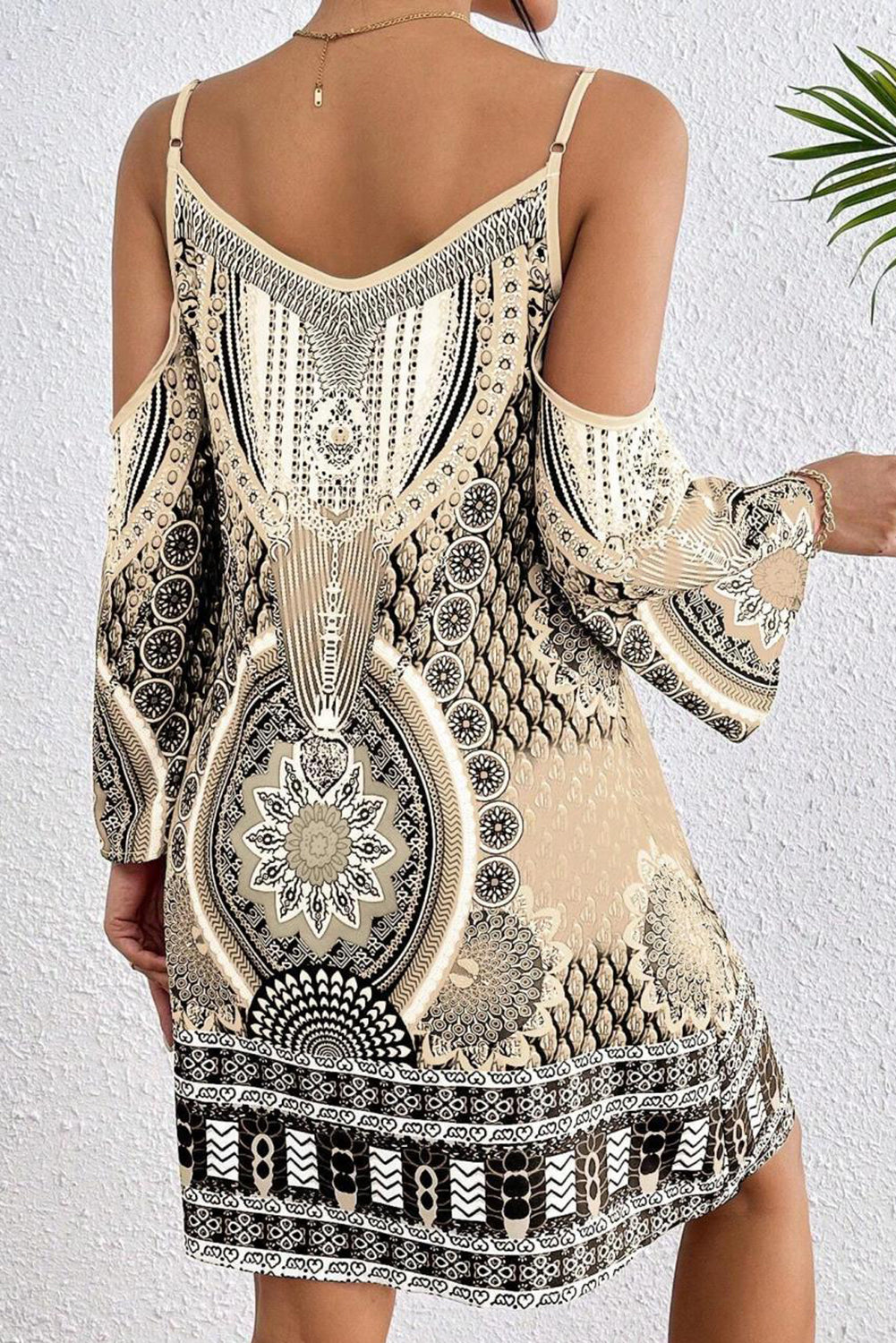 Apricot Boho Cold Shoulder Long Sleeve Mini Dress