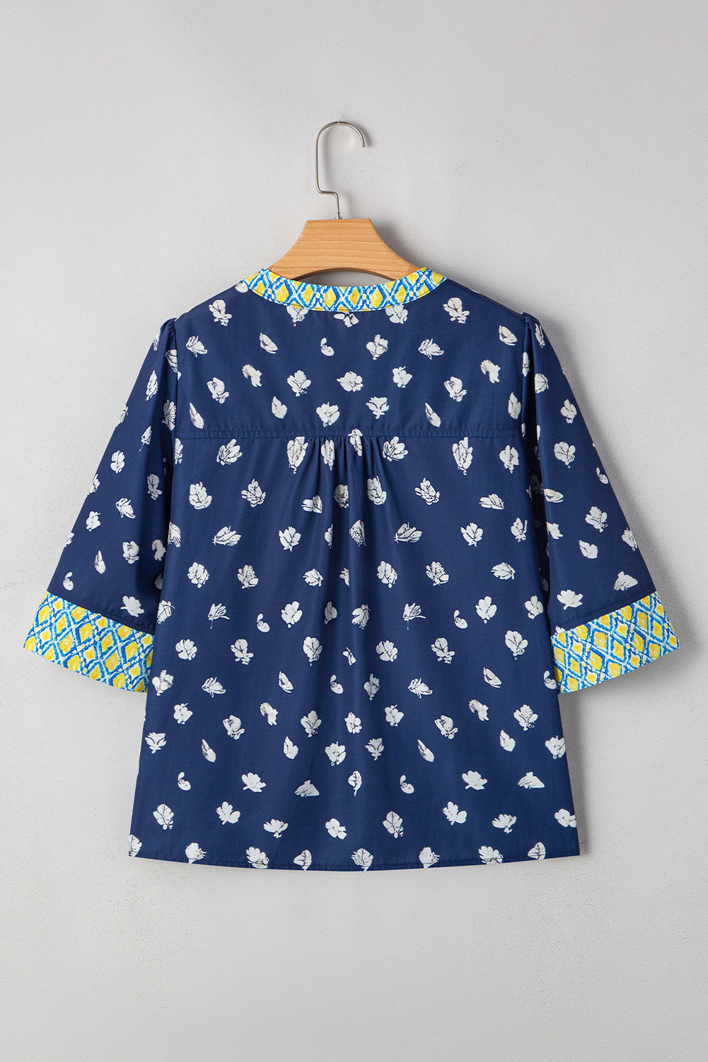 Blue Floral Print Pop of Color V Neck Patchwork Blouse