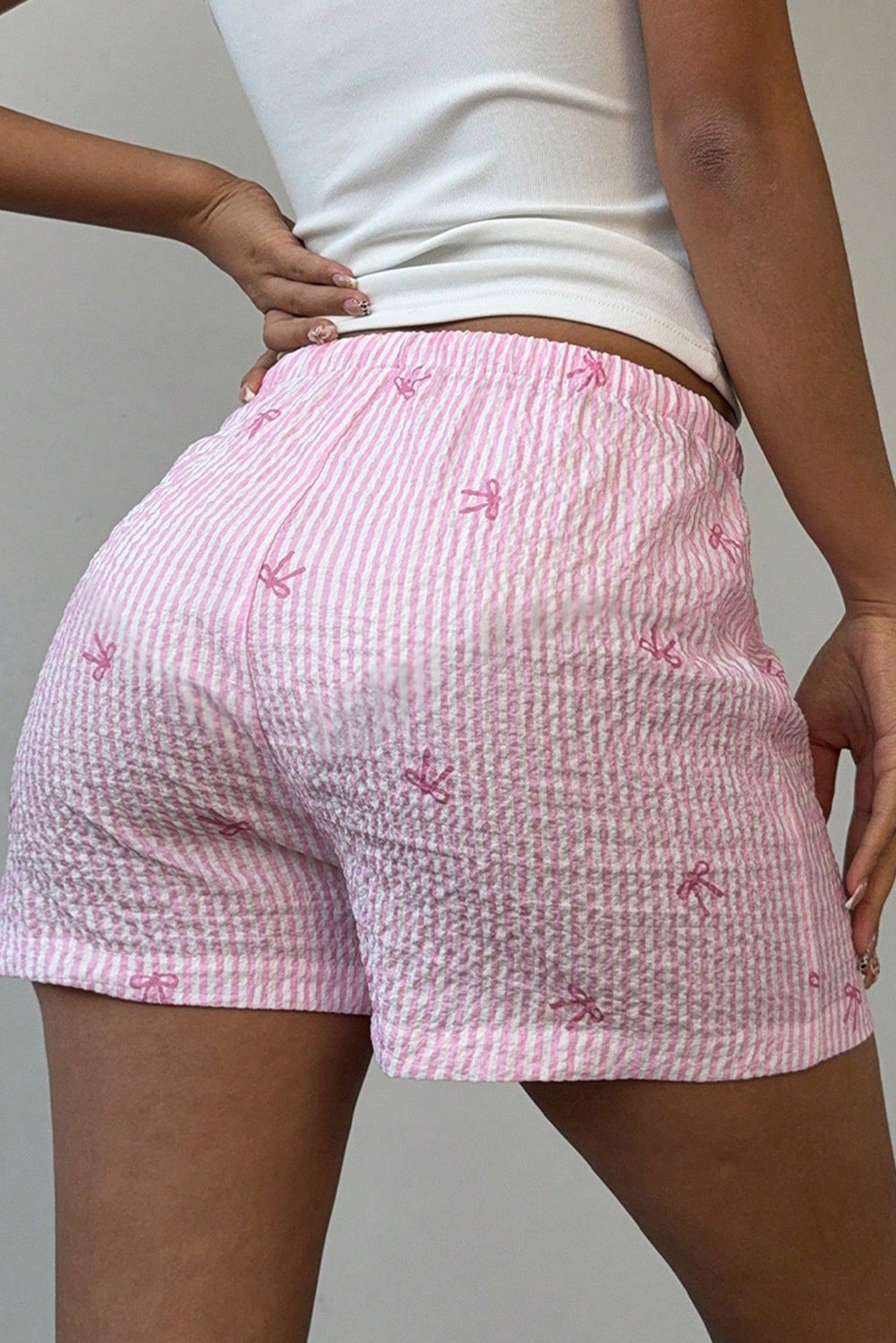 Pink Stripe Bow Print Tie Waist Shorts