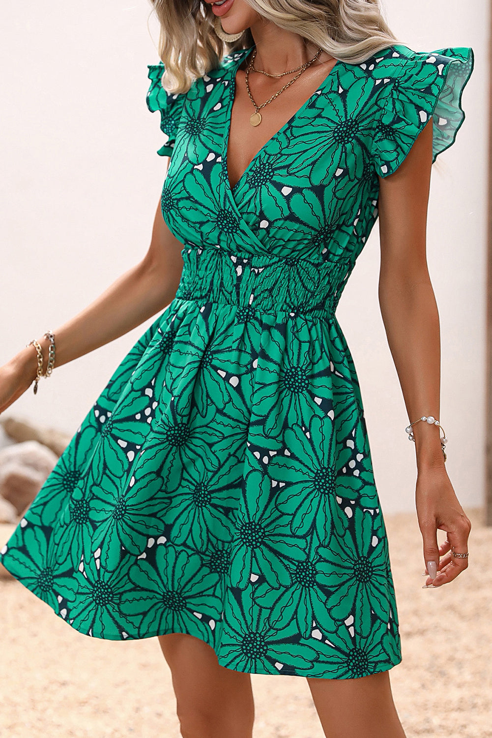 Dark Green Wrapped V Neck Floral Print Ruffle Sleeve Dress