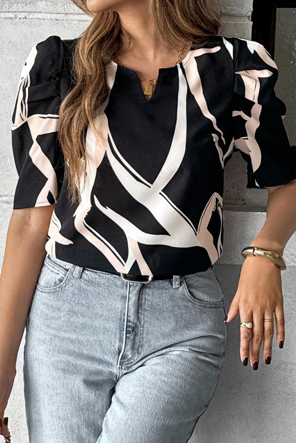 Black Abstract Print Puff Sleeve Blouse