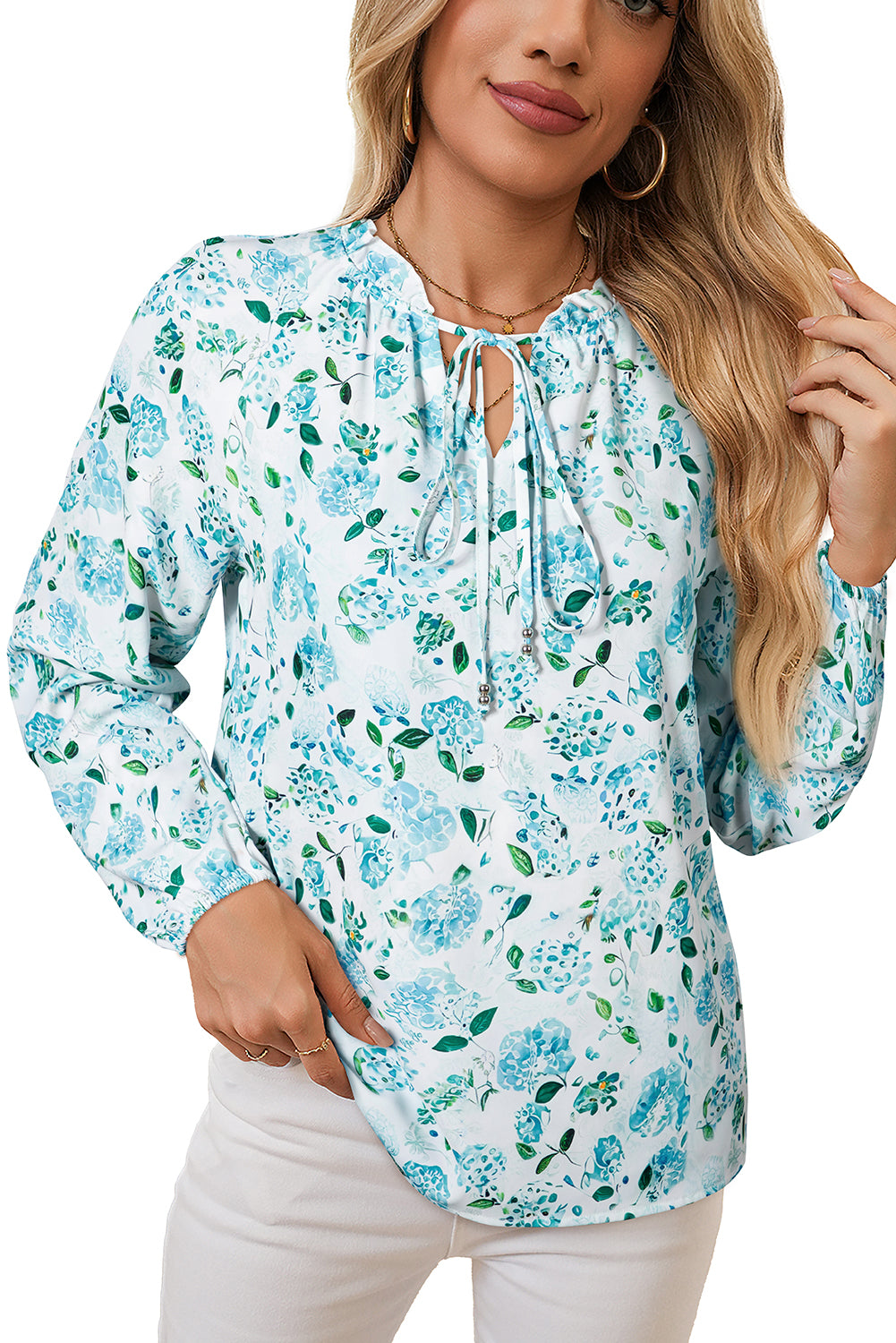 Sky Blue Boho Floral Print Long Sleeve V Neck Blouse