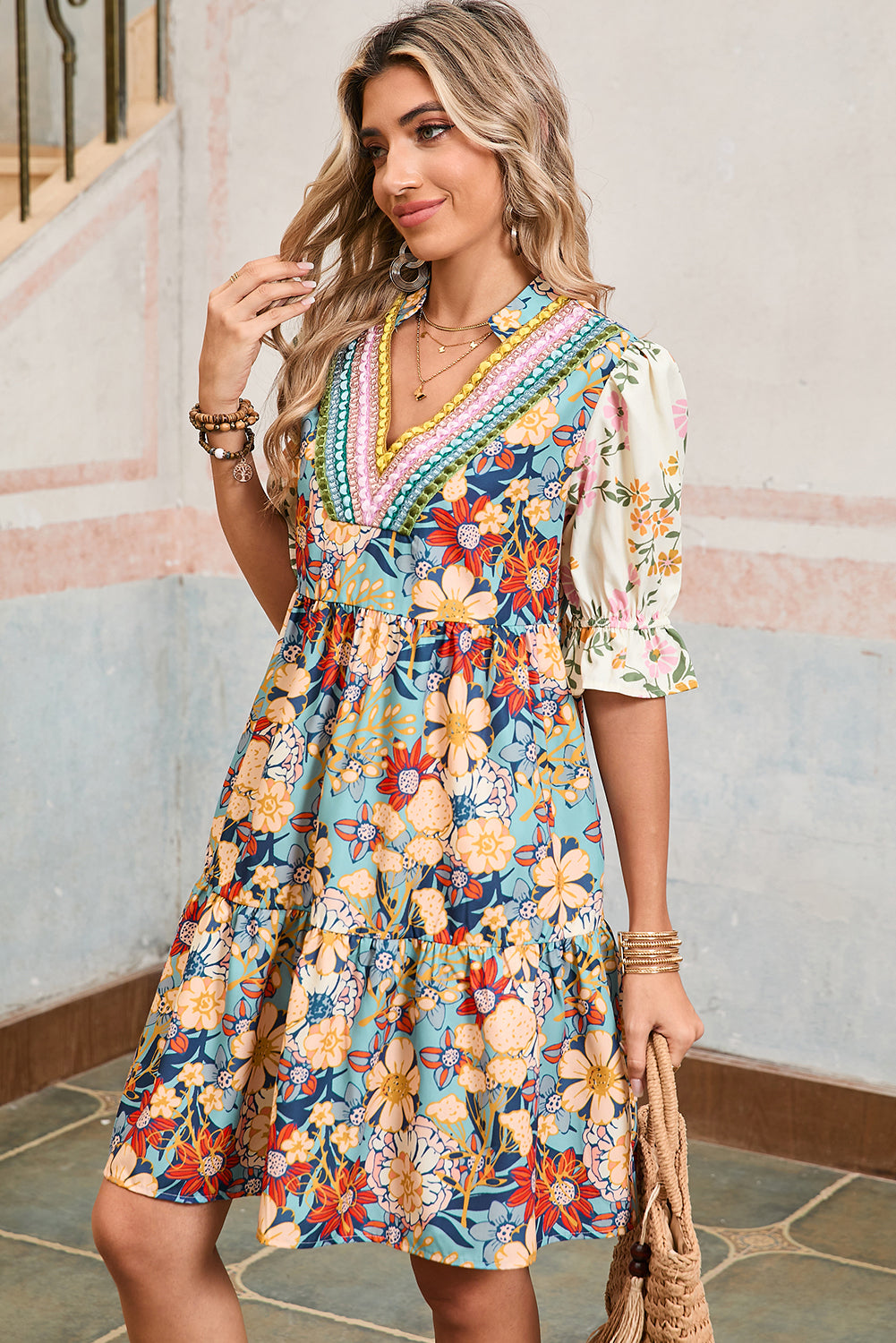 Multicolor Allover Floral Print Tiered Pop of Color Neckline Dress