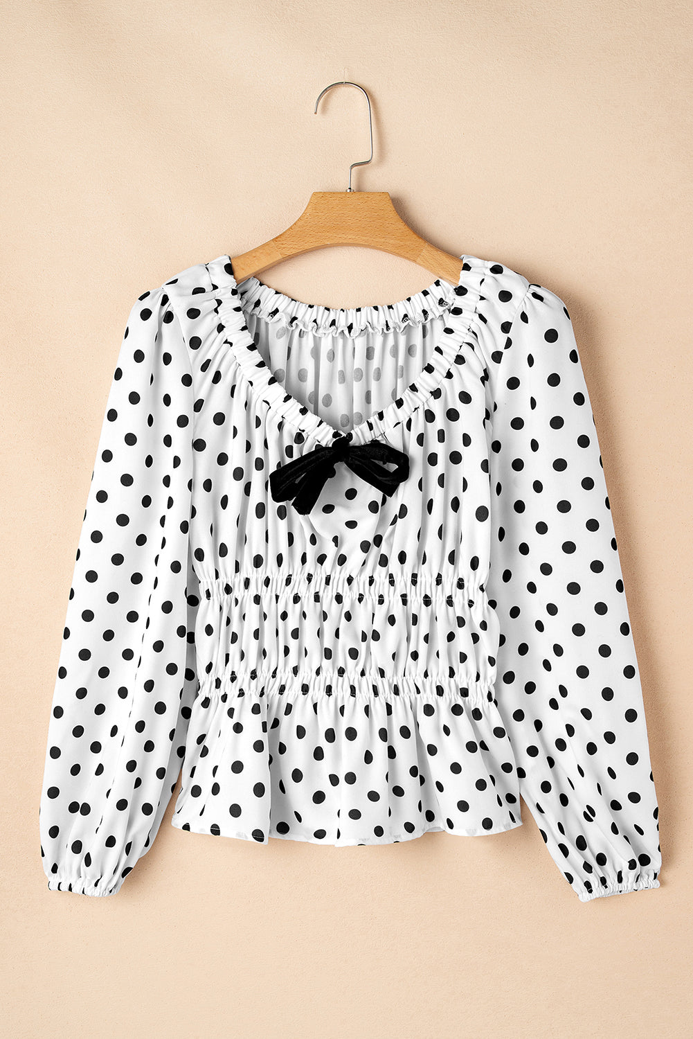 Black Polka Dot Bow Square Neck Ruched Peplum Blouse
