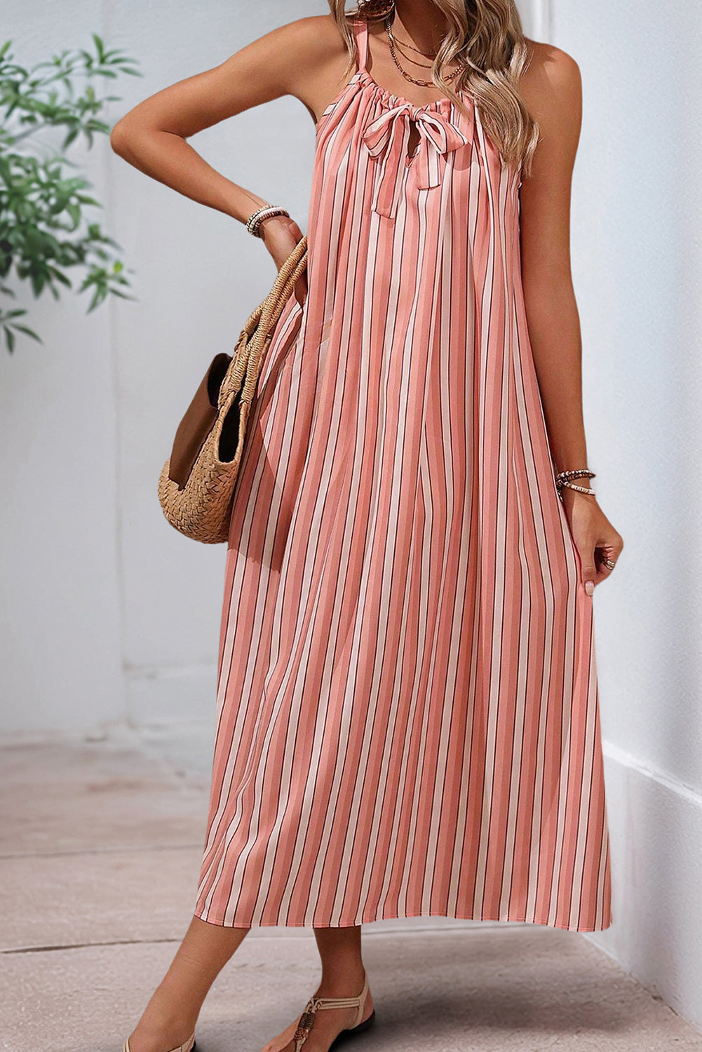 Pink Striped Bowknot Flowy Midi Dress