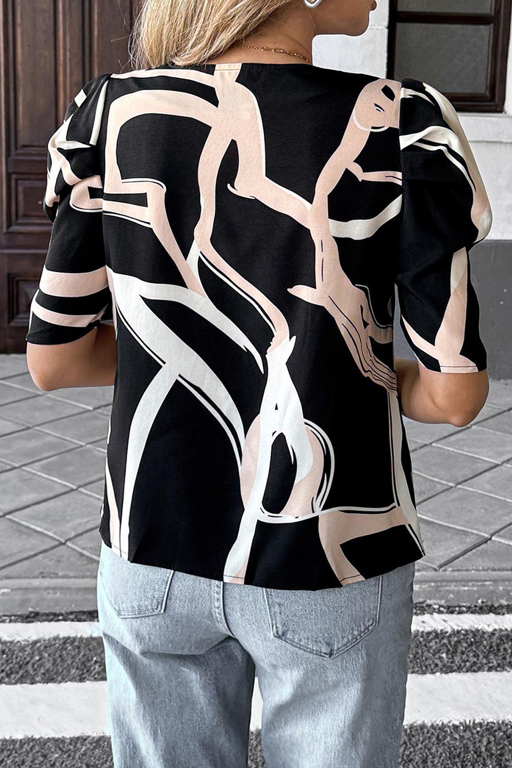 Black Abstract Print Puff Sleeve Blouse