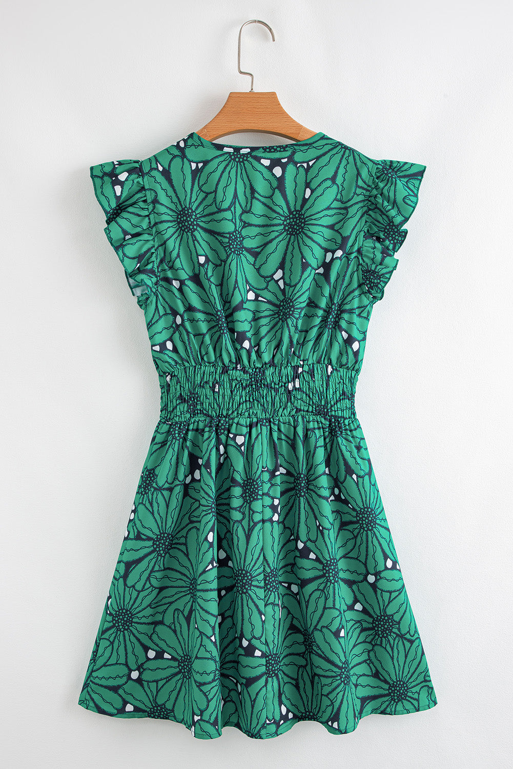 Dark Green Wrapped V Neck Floral Print Ruffle Sleeve Dress