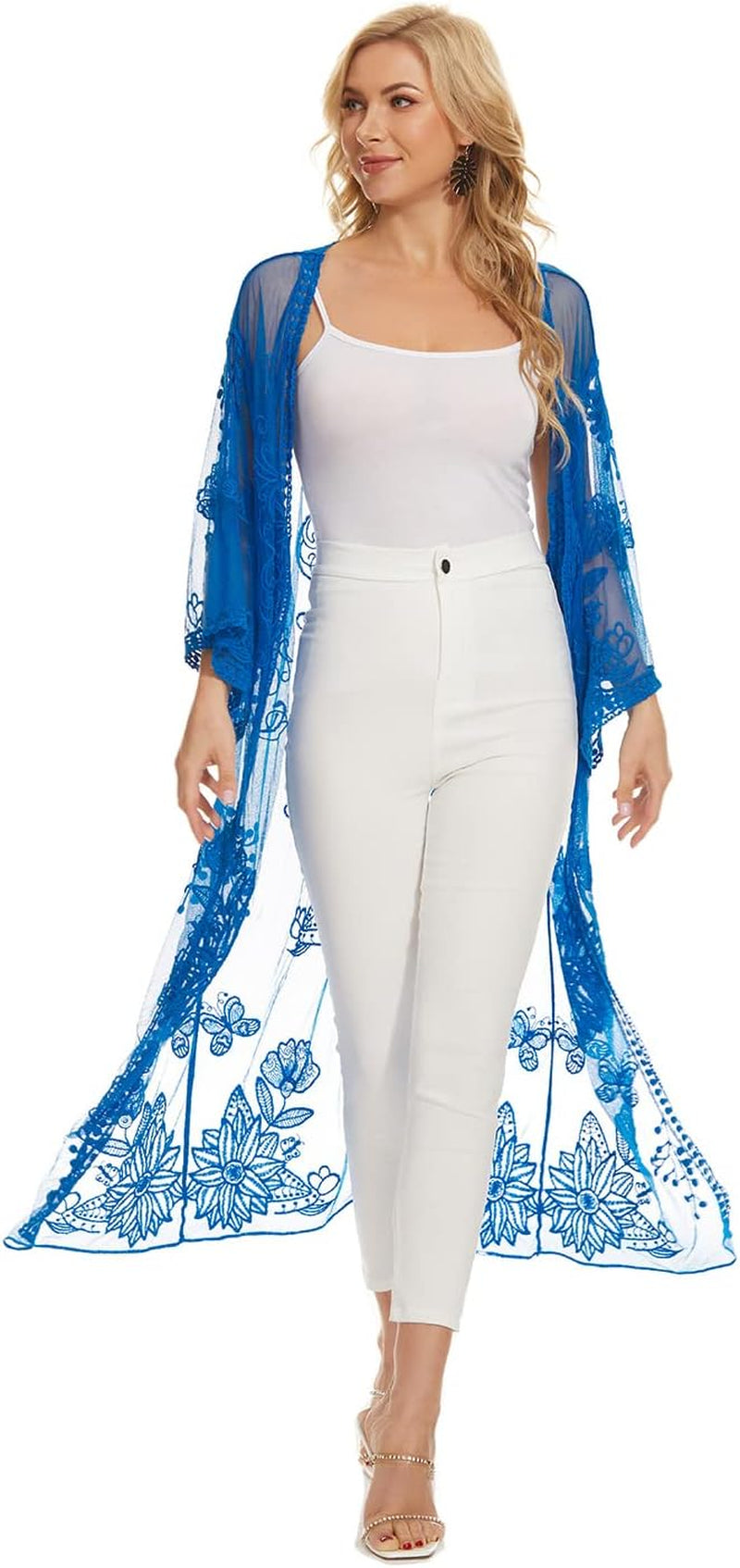 Bikini Cover up Women Boho Beach Wears Summer Long Lace Duster Chemise Kimono Blue 210126