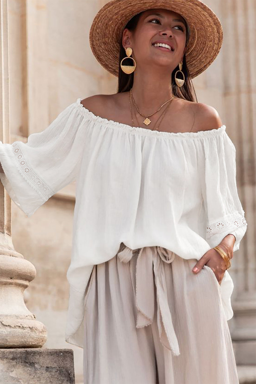 White Textured Frill Off Shoulder Lace Insert Sleeve Blouse