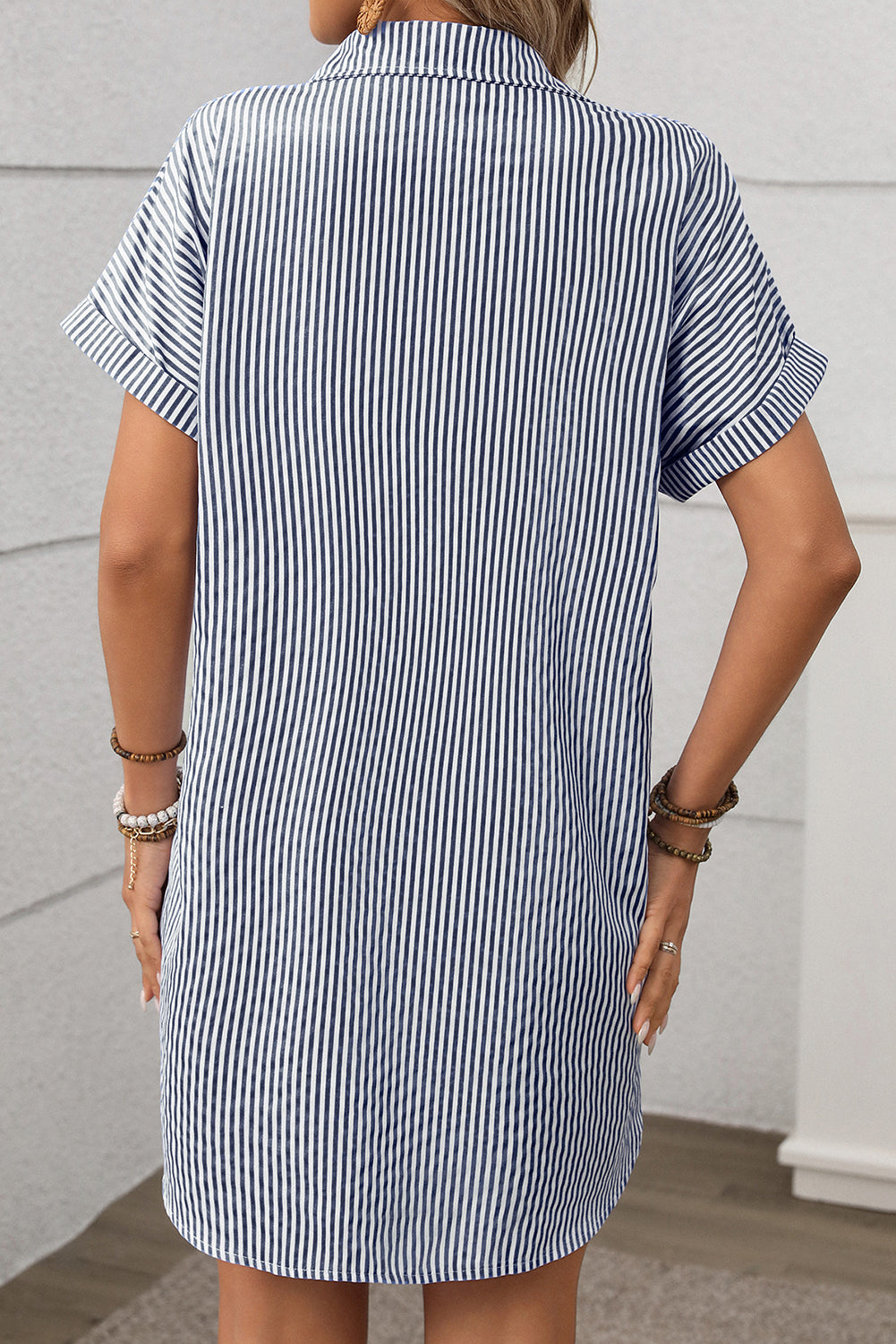 Black Stripe Button Up Pocket Collared Mini Dress