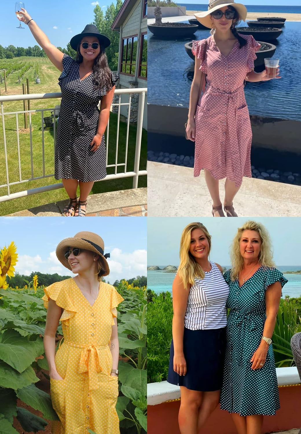 Women'S Boho Polka Dot Flutter Short Sleeve V Neck Button down Swing Midi Dress with Pockets