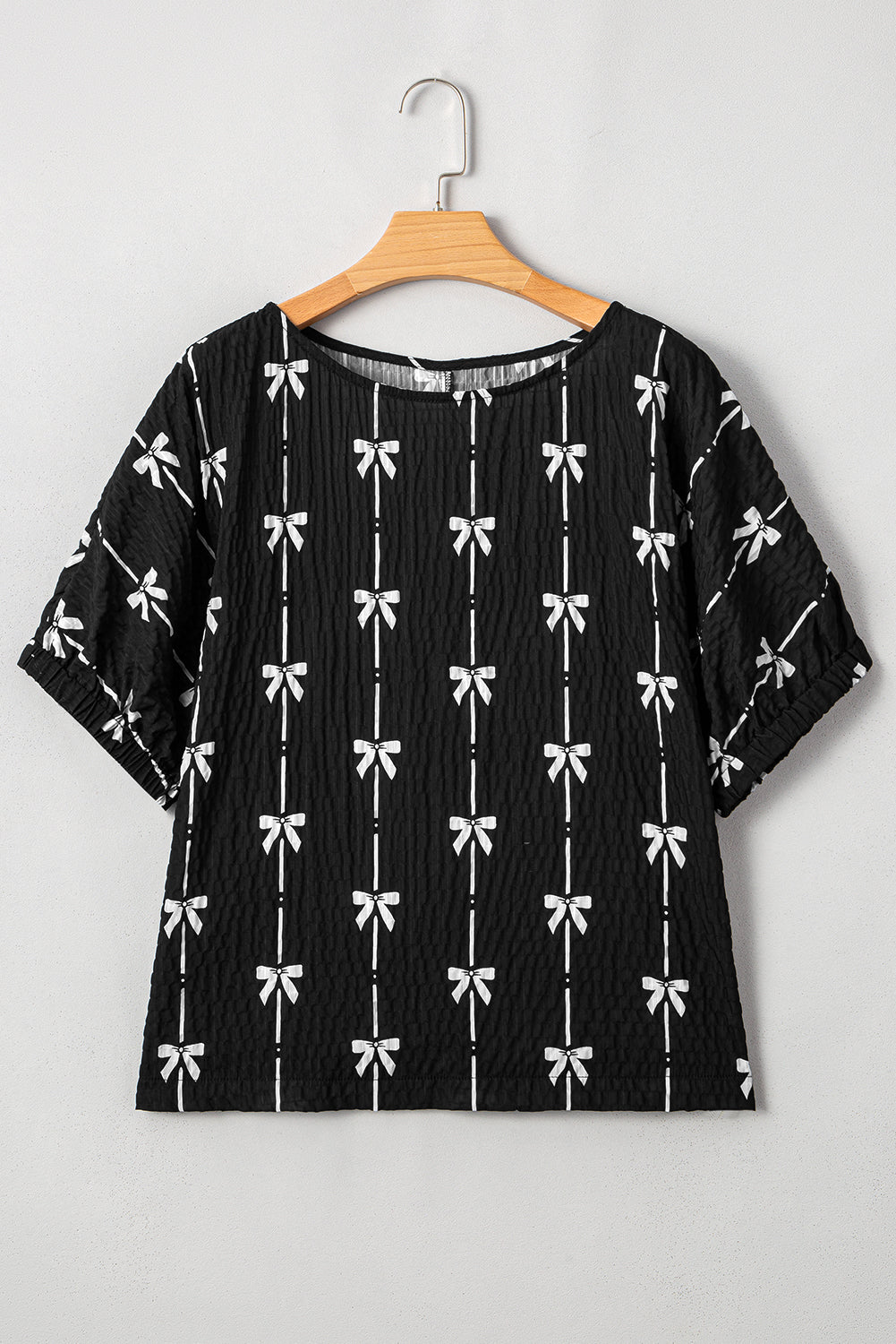 Black Bow Print Striped Puff Short Sleeve Blouse