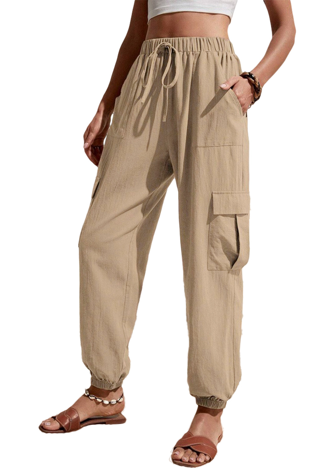 Pale Khaki Solid Color Pocket Cargo Pants