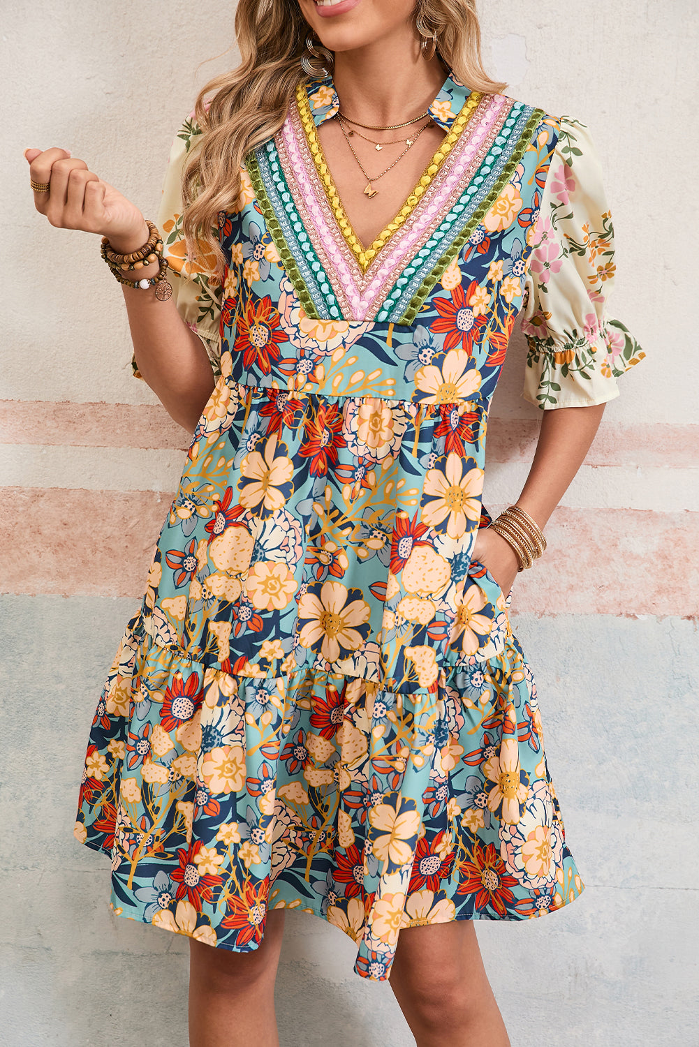 Multicolor Allover Floral Print Tiered Pop of Color Neckline Dress