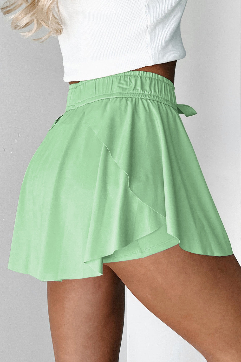 Light Green Drawstring High Waist Lined Tennis Skort