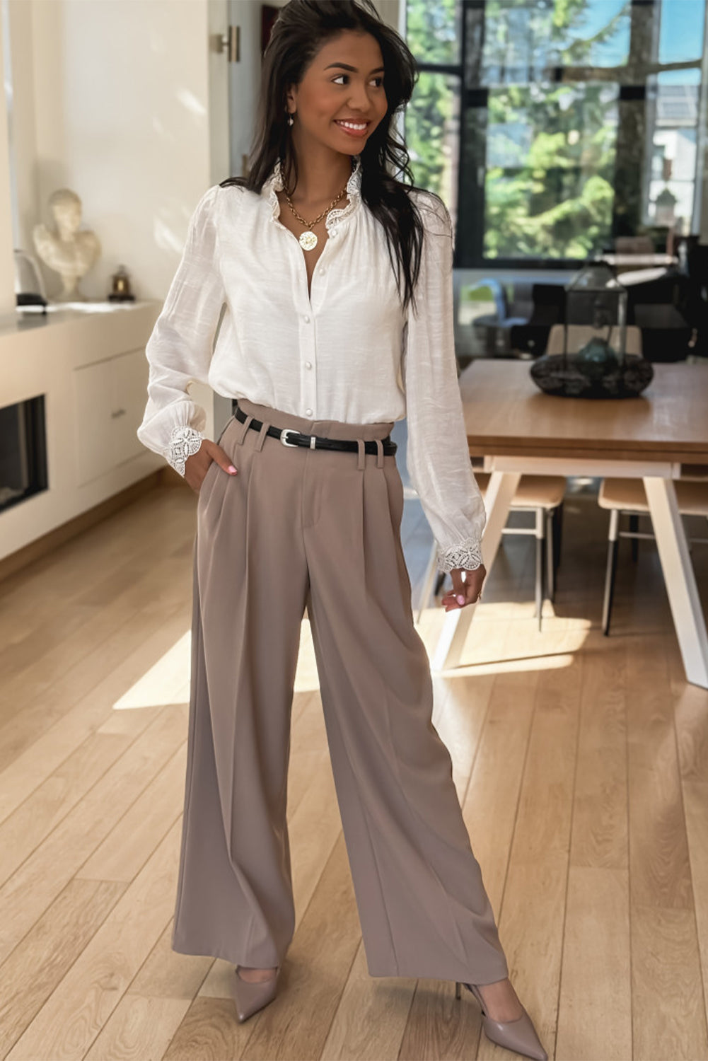 White Lace Patchwork Buttoned Collar Loose Shirt