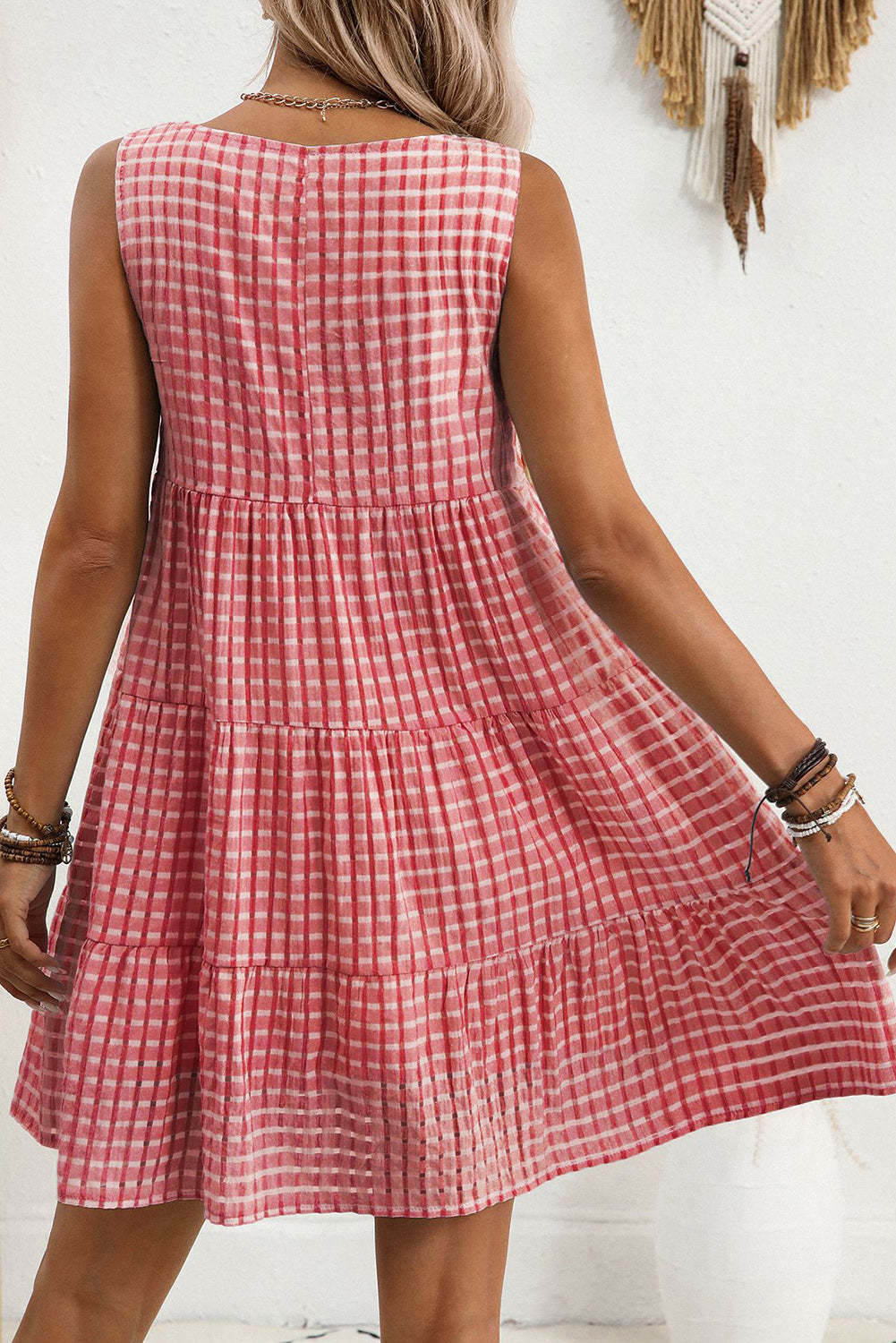 Red Gingham High Waist Sleeveless Mini Dress