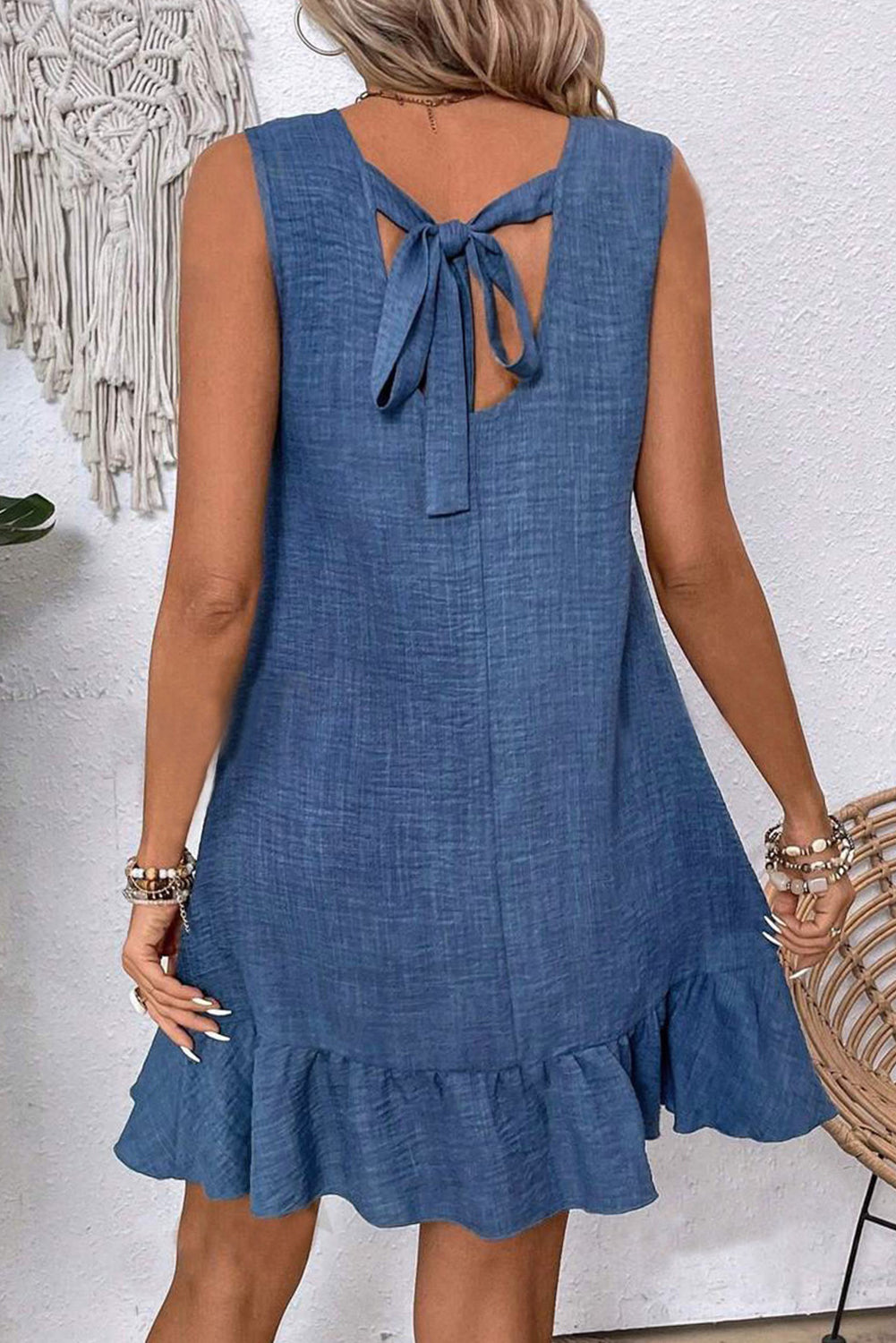 Ashleigh Blue Sleeveless Knot Backless Ruffle Hem Mini Dress