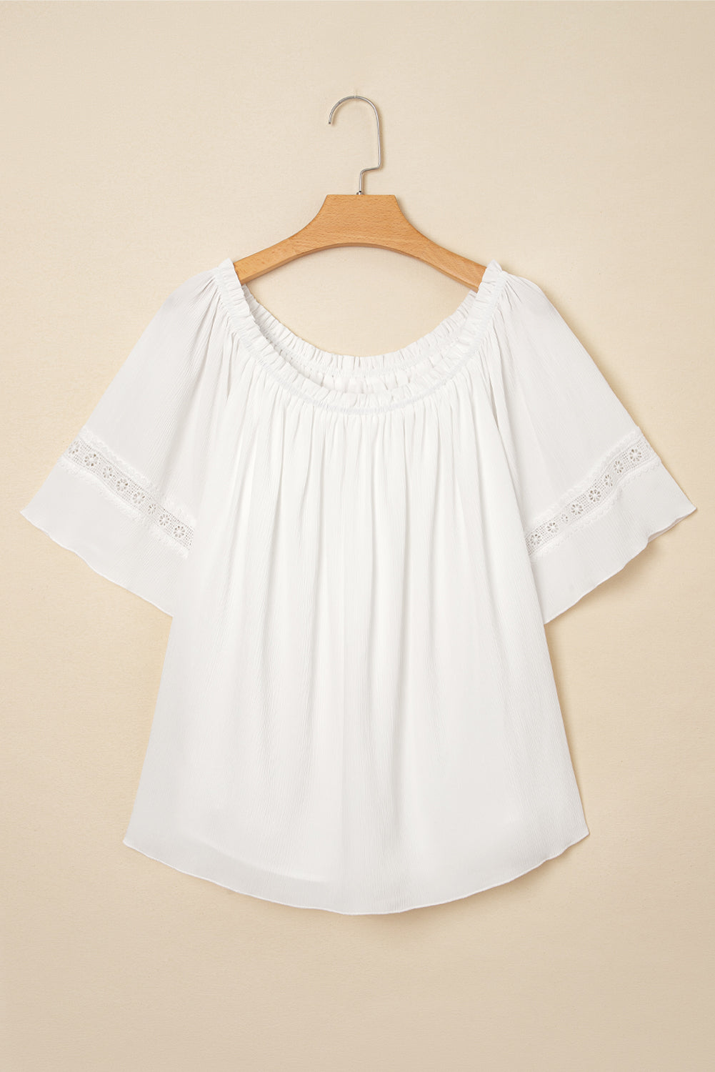 White Textured Frill Off Shoulder Lace Insert Sleeve Blouse