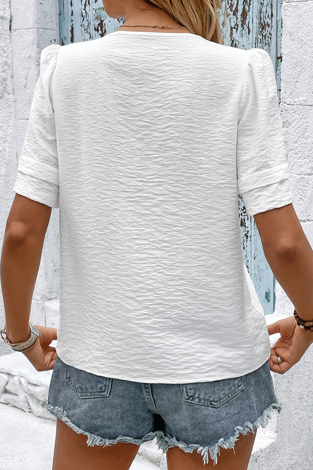 White Plain Lace Flower V Neck Blouse