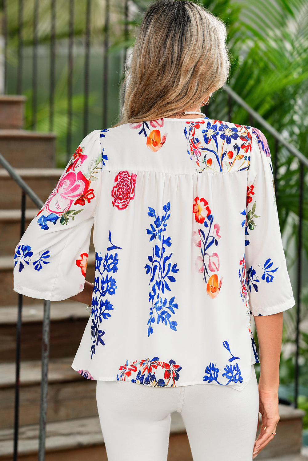 White Boho Floral Fringe Tie V Neck Blouse