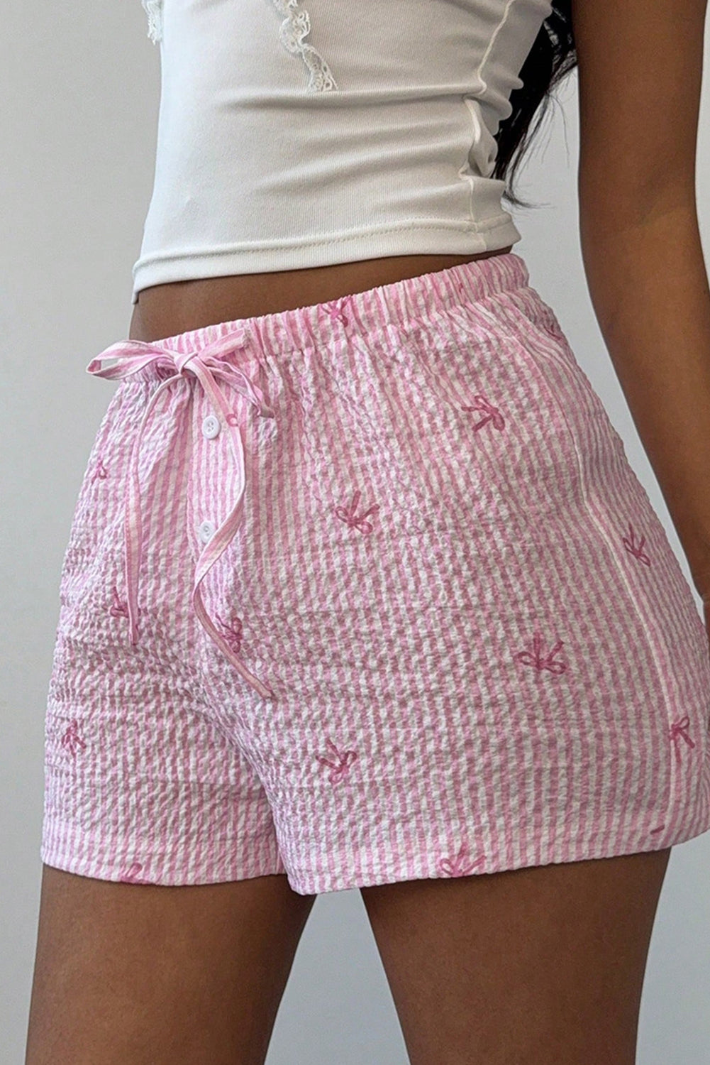 Pink Stripe Bow Print Tie Waist Shorts