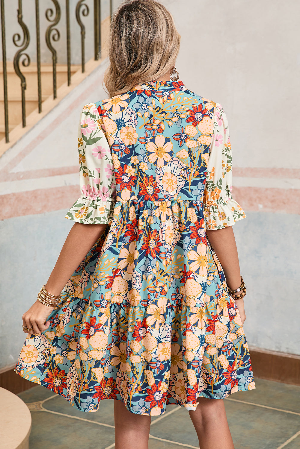 Multicolor Allover Floral Print Tiered Pop of Color Neckline Dress