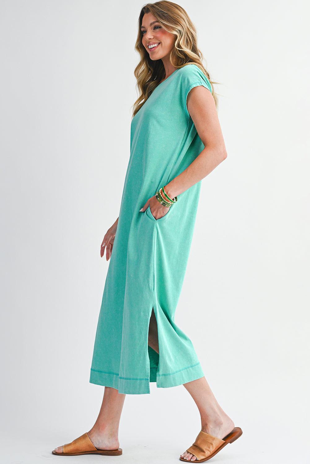 Clearly Aqua Mineral Wash Pocketed T-shirt Dress