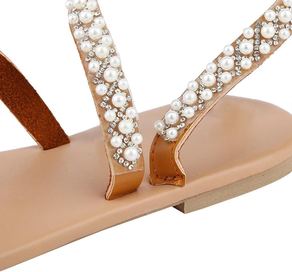Boho Flat Sandals for Women,Rhinestones Pearl Design Toe Ring Jeweled Sandals Slip on Casual Beach Shoes for Wedding Bride Bridesmaid Ladies