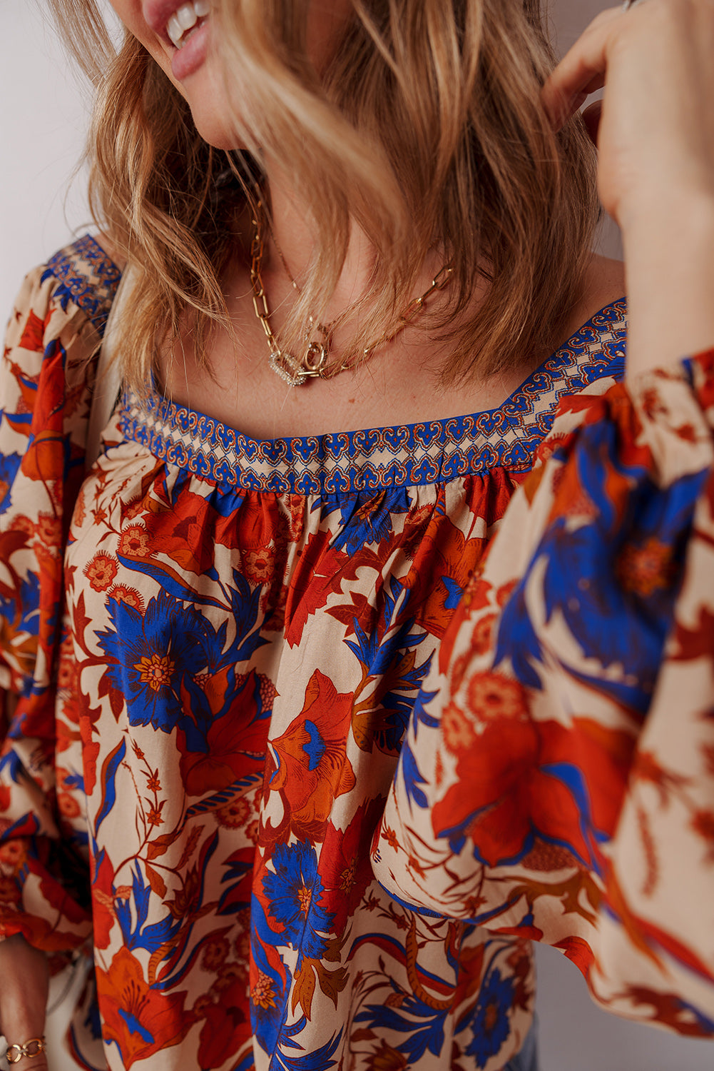 Multicolour Floral Print Square Neck Loose Fit Blouse