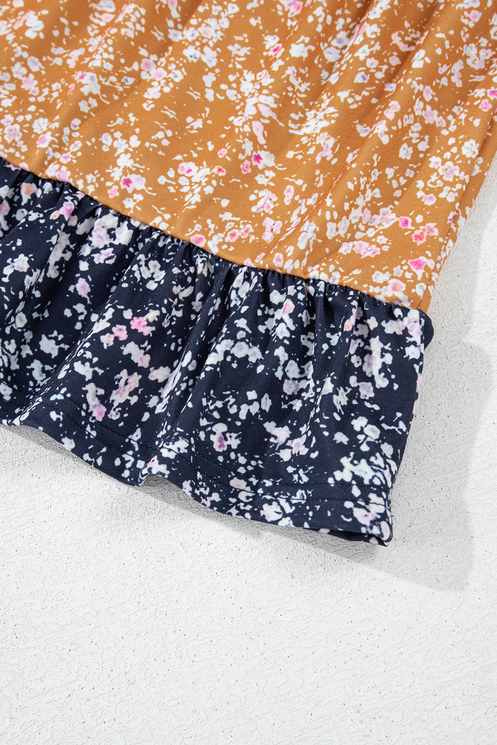 Blue Ditsy Floral Color Block Ruffle Hem Long Sleeve Top