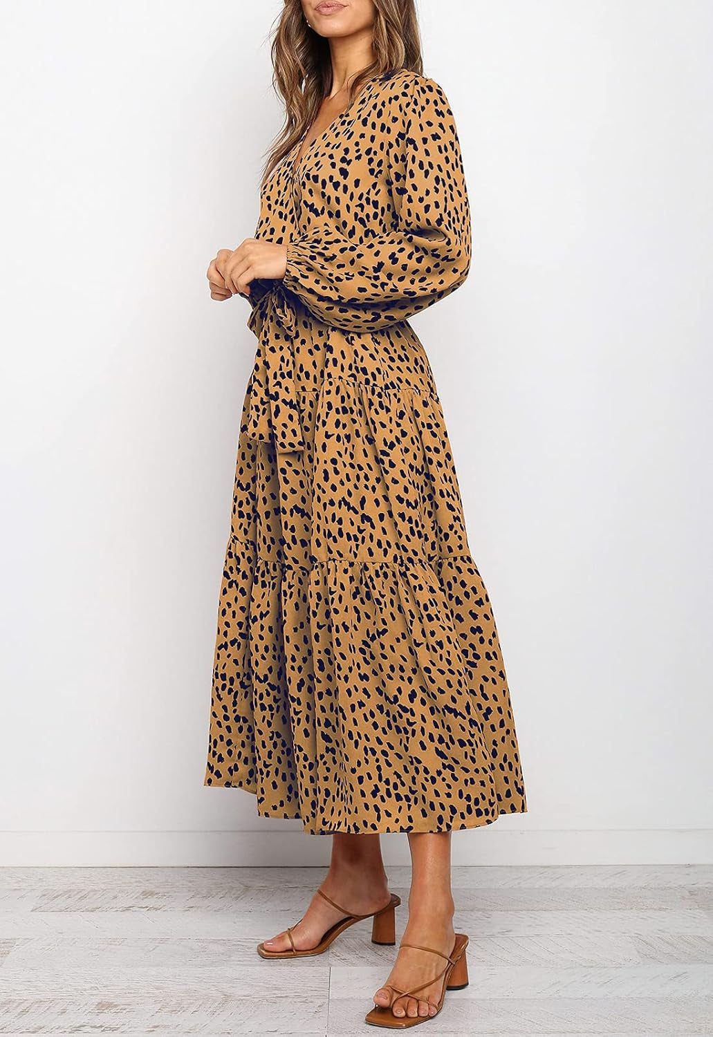 Women'S Boho Leopard Print Ruffle Long Sleeve V Neck Casual Flowy Party Maxi Dress