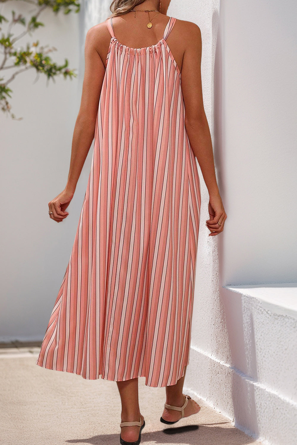 Pink Striped Bowknot Flowy Midi Dress