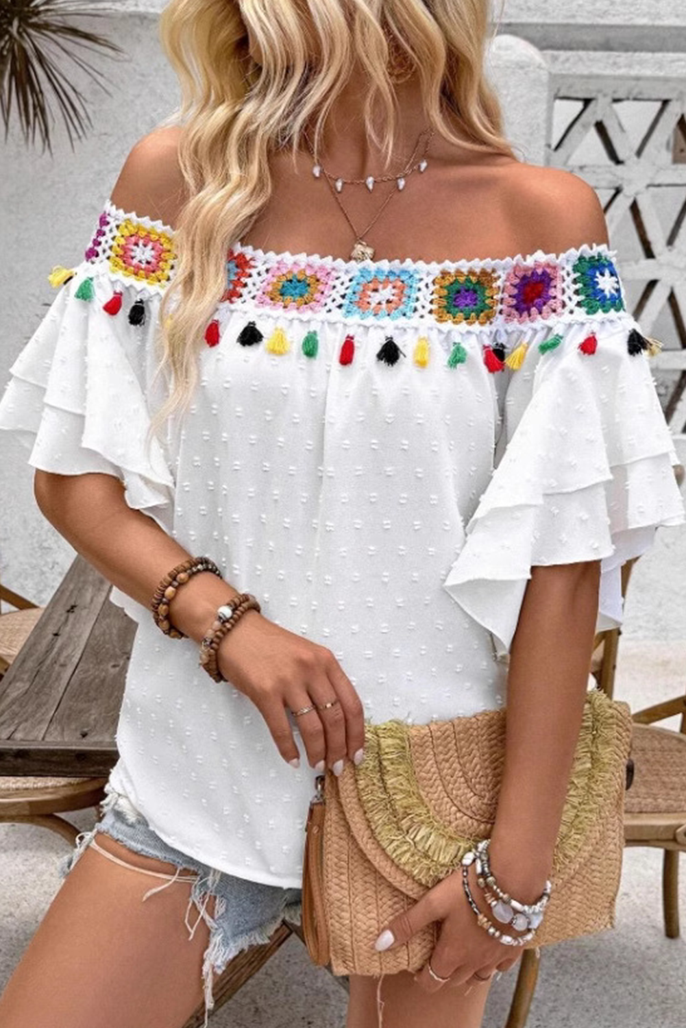 White Tassel Crochet Floral Off Shoulder Ruffle Sleeve Top