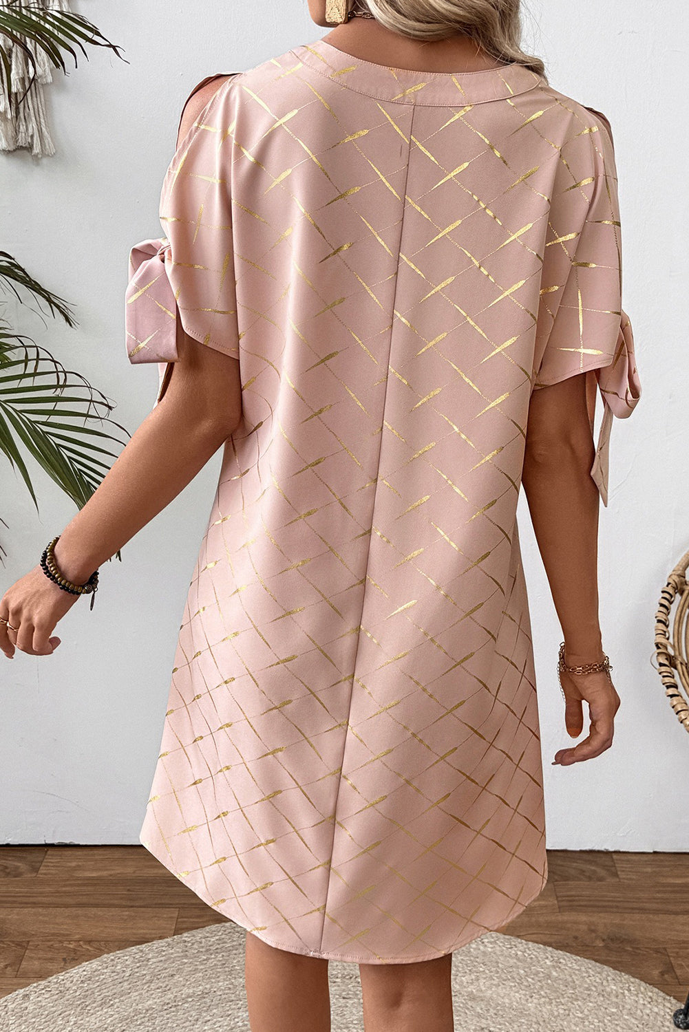Apricot Pink Geometric Print Knot Sleeve V Neck Mini Dress