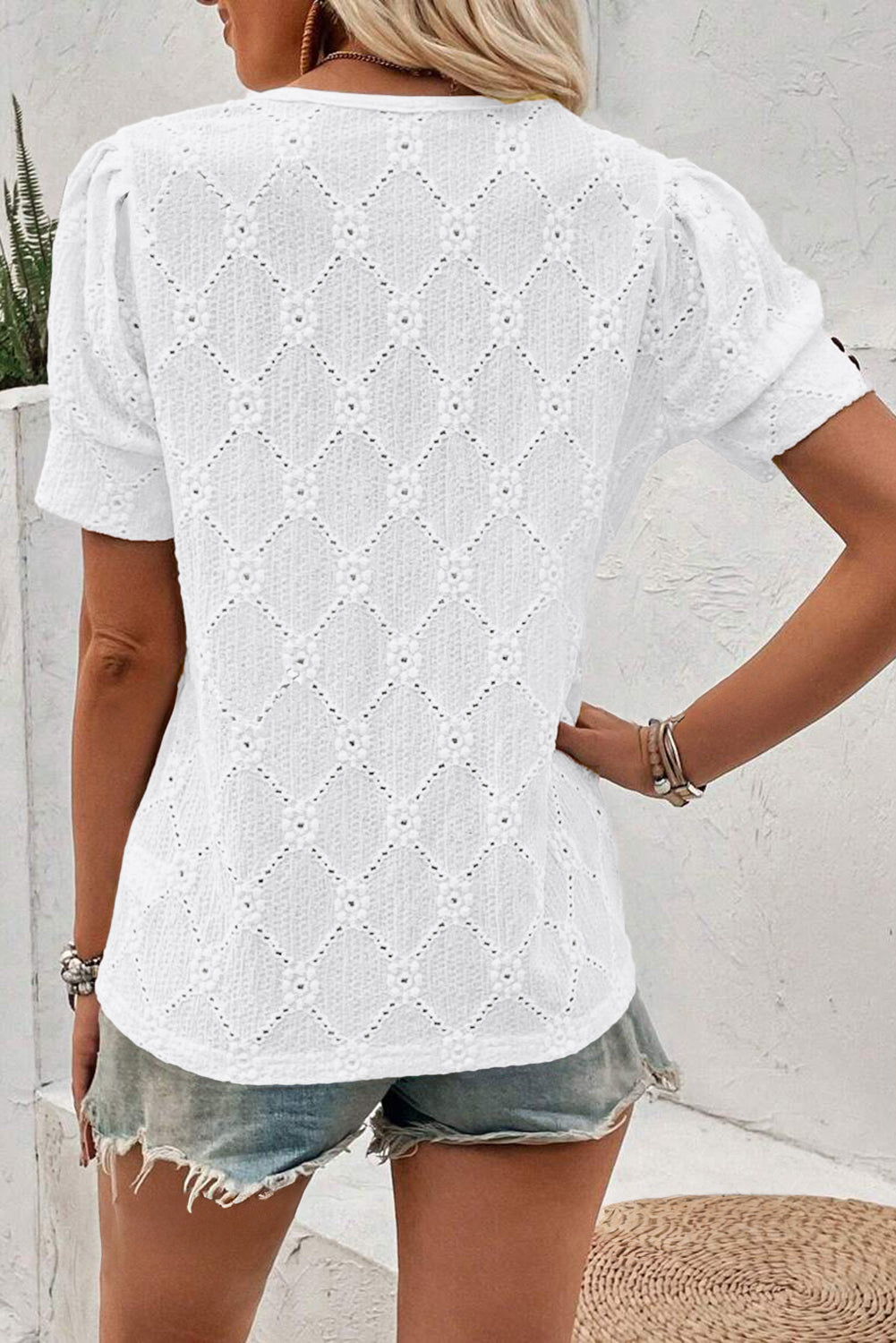 White Embroidered Floral Geometric Button Short Sleeve Top