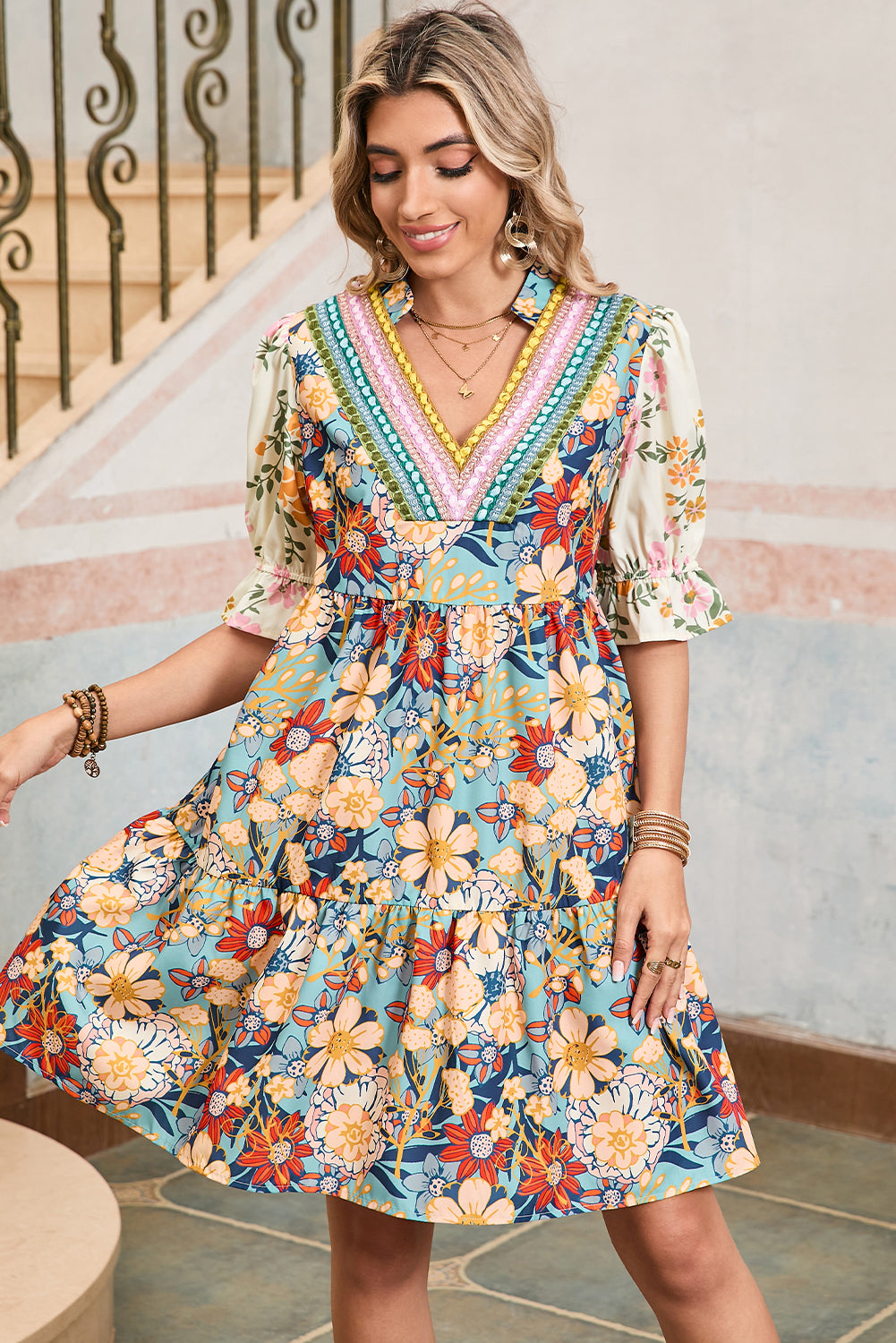 Multicolor Allover Floral Print Tiered Pop of Color Neckline Dress