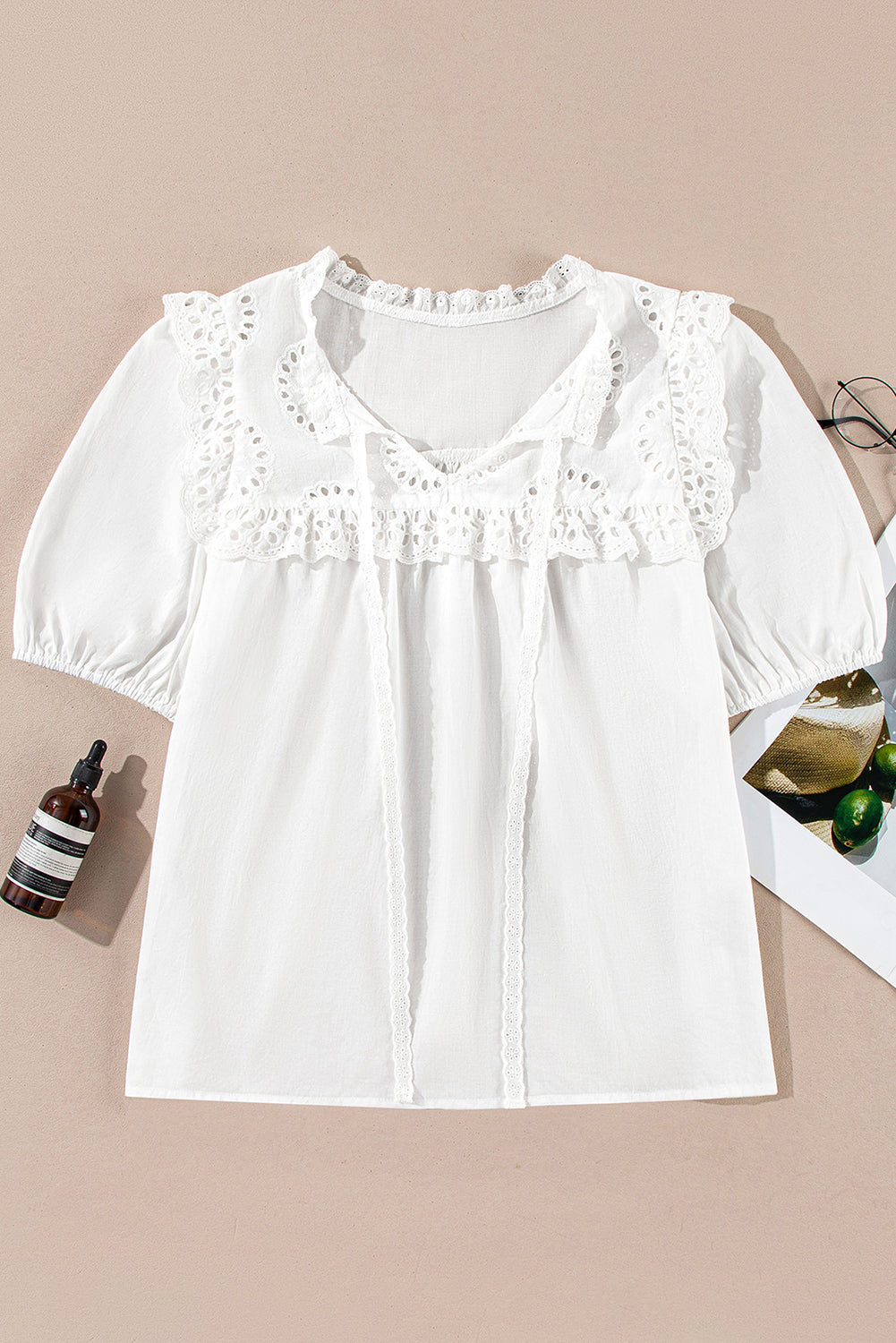 White Embroidered Lace Patchwork Tie Neck Half Sleeve Blouse