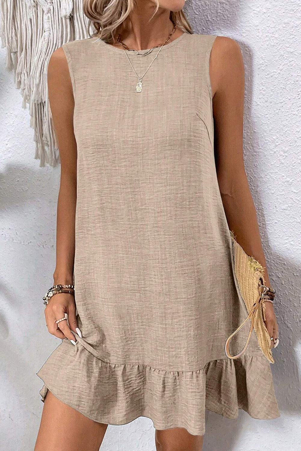 Smoke Gray Sleeveless Knot Backless Ruffle Hem Mini Dress
