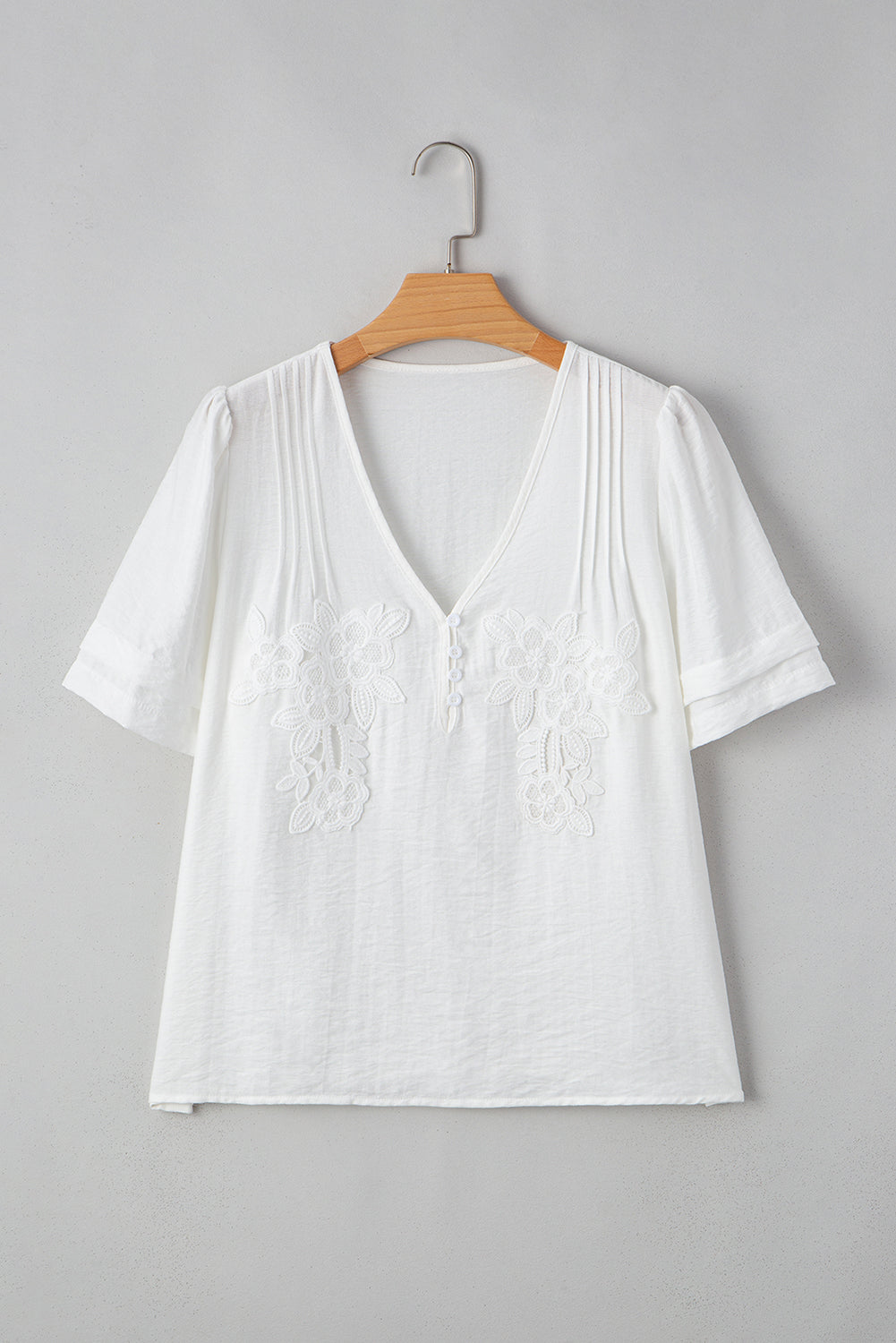White Plain Lace Flower V Neck Blouse