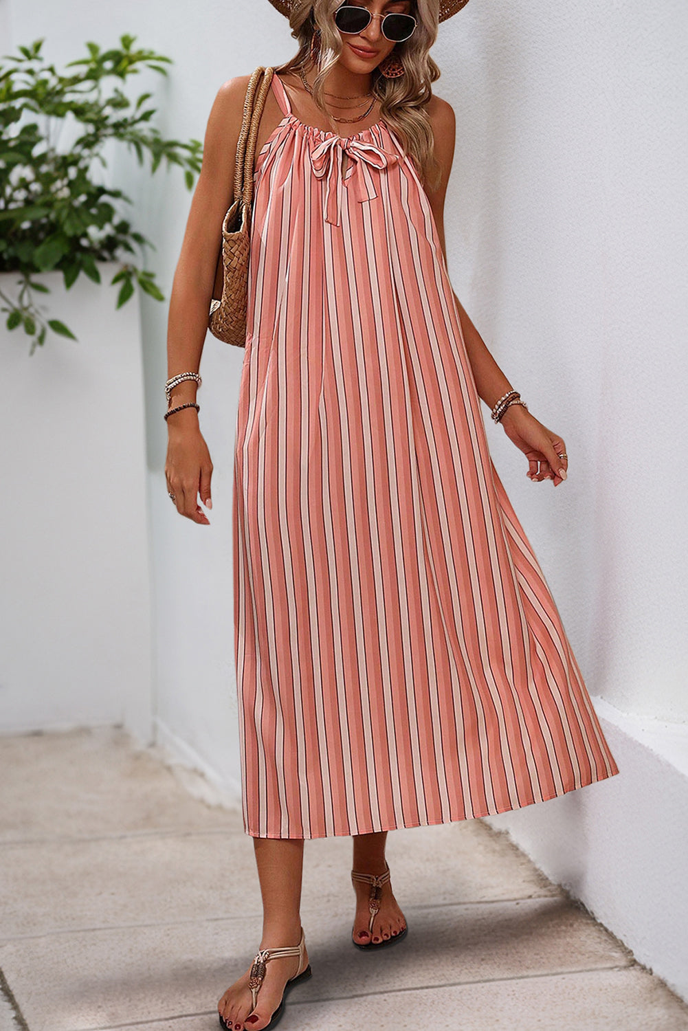 Pink Striped Bowknot Flowy Midi Dress
