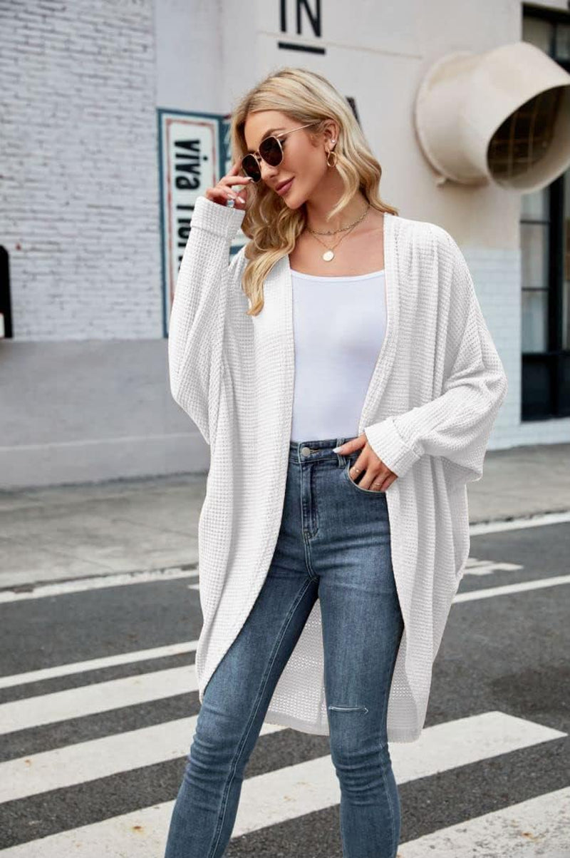 Womens Open Front Knit Cardigan Long Batwing Sleeve Oversized Sweater Chunky Waffle Cable Boho Pockets Coat