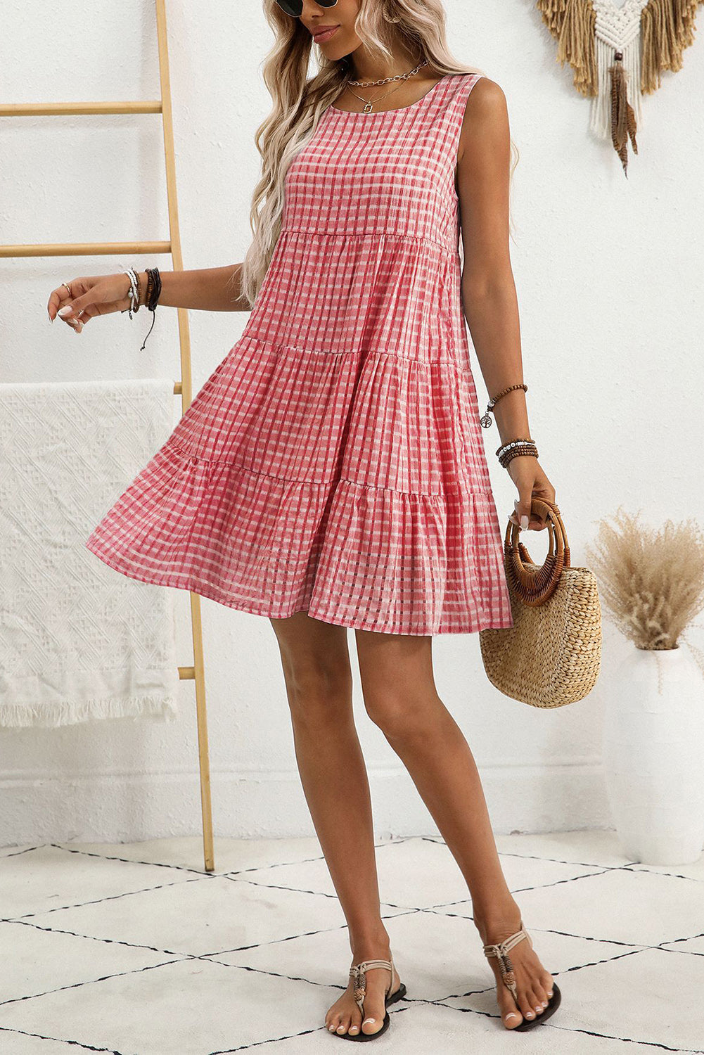 Red Gingham High Waist Sleeveless Mini Dress