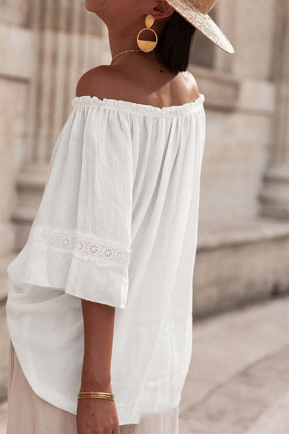White Textured Frill Off Shoulder Lace Insert Sleeve Blouse