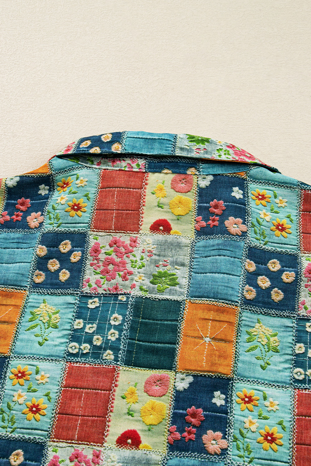 Sky Blue Floral Patchwork Collared V Neck Blouse