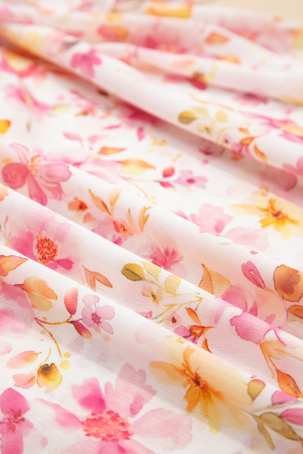 Pink Floral Print Tassel Tie Smocked V Neck Puff Sleeve Tunic Blouse