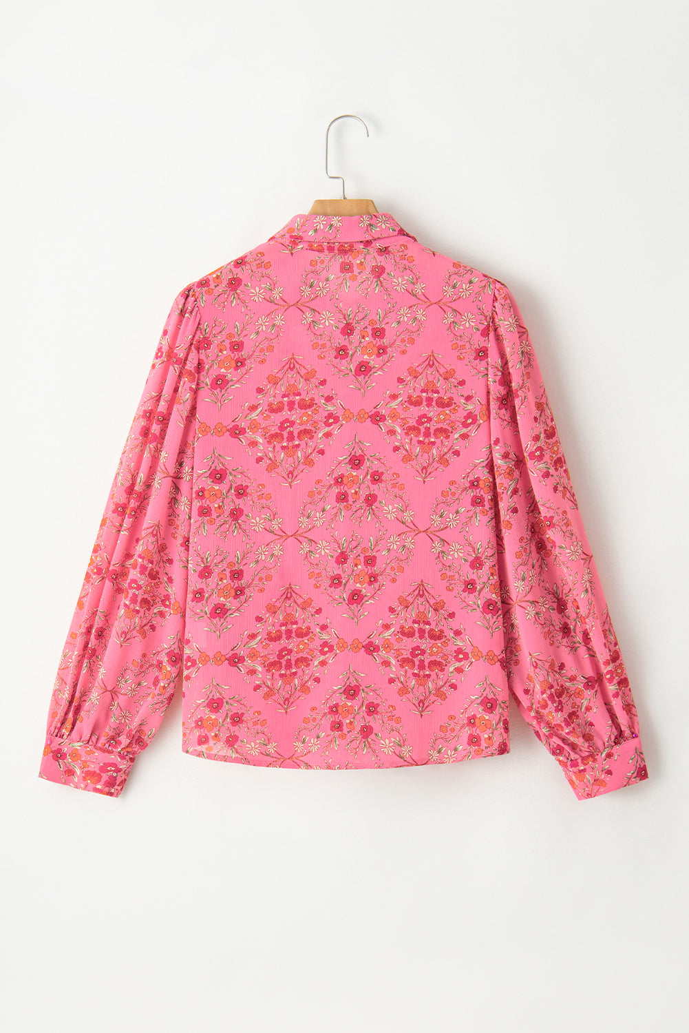 Strawberry Pink Floral Print Collared Button Up Puff Sleeve Shirt